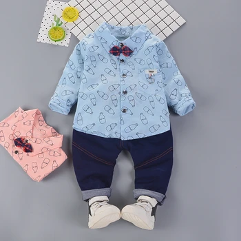 

2020 New Spring Children Boys Girls Cartoon Lapel Bow Shirt Pants 2Pcs/Sets Infant Clothes Suit Fashion Baby Casual Tracksuits