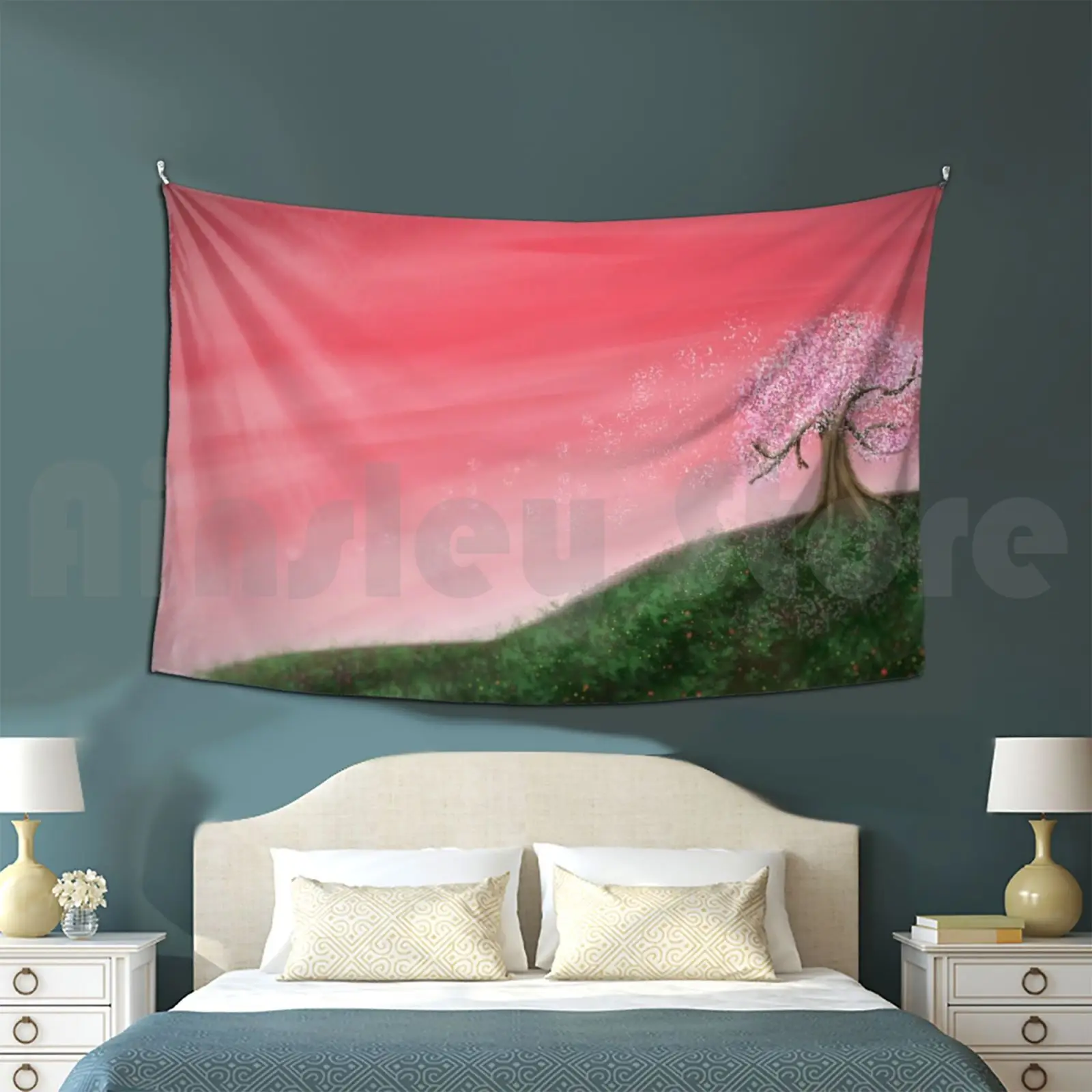 Fleeting As The Cherry Blossom Tapestry Background Wall Hanging Cherry Tree Red Pink Green Hill Nature Blossom