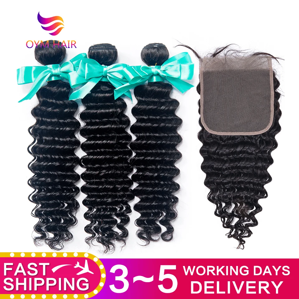 

OYM HAIR Malaysian Deep Wave Bundles With Closure Non-Remy Human Hair 3 and 4 Bundles With Lace Closure Hair Extension