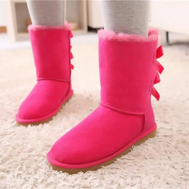 

HOT Australia Style Women Snow Boots 2-Bow Back Winter Warm Cow Suede Leather Outdoor Boots Brand Ivg Black Grey Pink Red