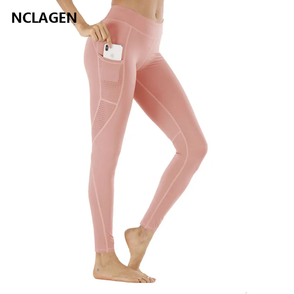 NCLAGEN Yoga Pants Mobile Phone Pocket Woman Hollow Out Split Joint Close Motion Bodybuilding Sport Gym Leggings Tummy Control | Спорт и