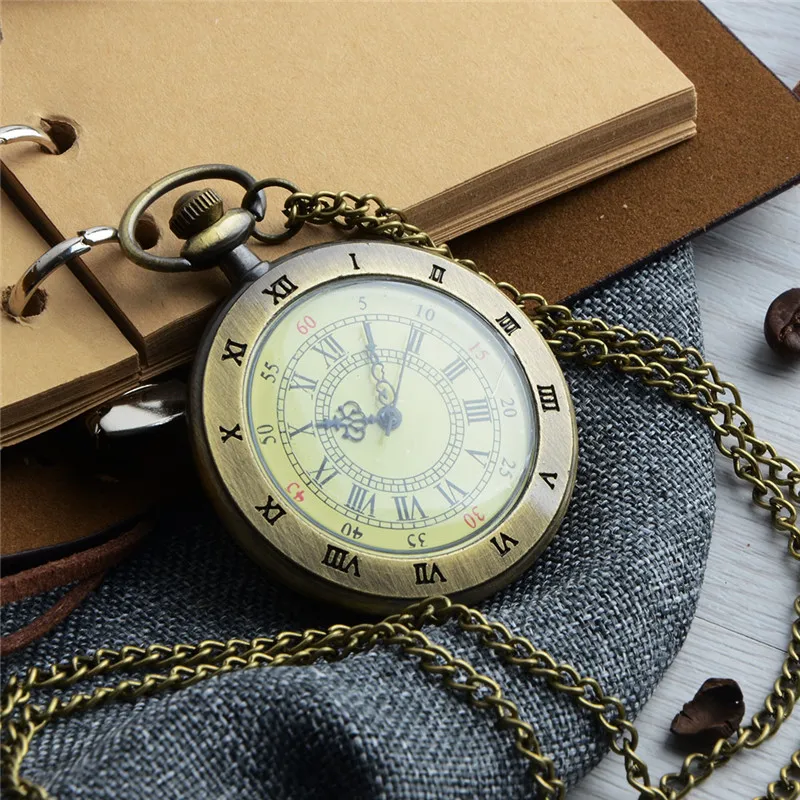 

Unique Men Women Vintage Pocket Watch Roman Numerals Fob Watch 3 Dials Character Necklace Pendant Clock Time with Chain