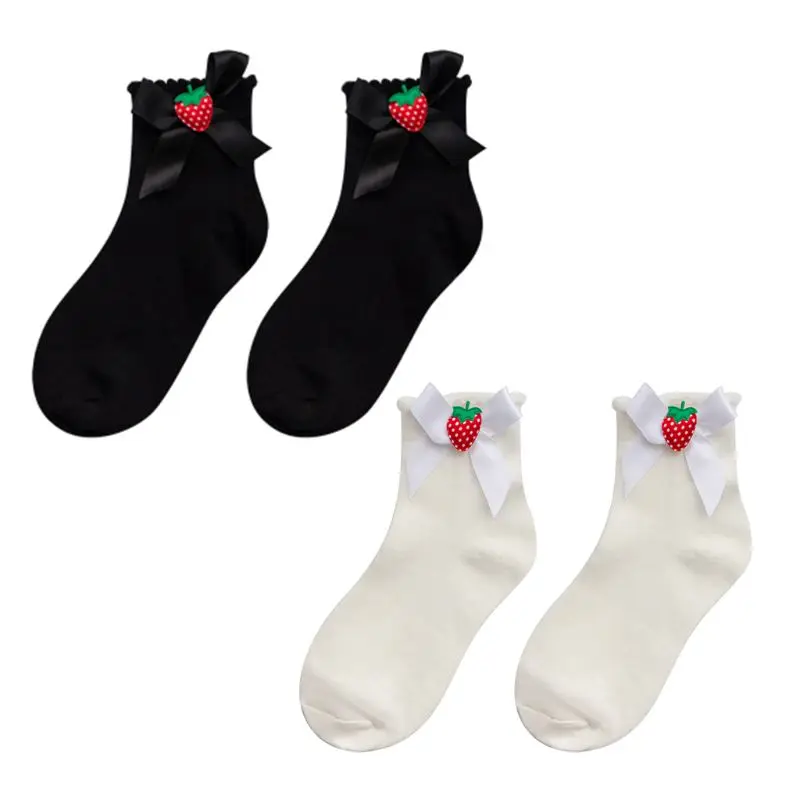 

Korean Harajuku Women Girls Cotton Ankle Socks Cute Strawberry Bowknot Students High School Lolita Scalloped Cuffs Short Hosiery