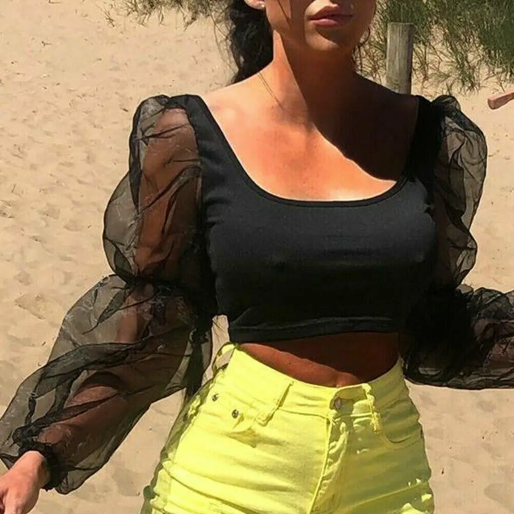 

Woman Mesh Long Puff Sleeve Crop Top Solid Color Fold Square Neck Crop T-Shirt Cropped Tops Sheer Tee Casual T-shirts Slim Fit