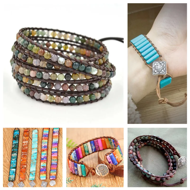 

Bohemian Style Turquoise Bracelet Indian Agate Stone Bracelet Woven Adjustable Handmade Multi-layer Ethnic Female Jewelry