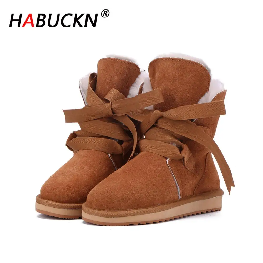 HABUCKN/модные женские зимние сапоги до середины икры из воловьей кожи на шнуровке