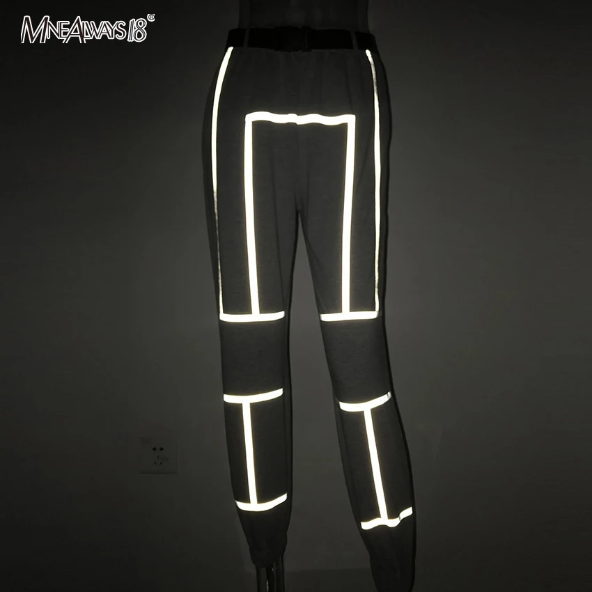 Mnealways18 Светоотражающие полосатые штаны для женщин уличная одежда с поясом трикотажные женские повседневные джоггеры спортивные штаны свободные брюки карандаш зимние