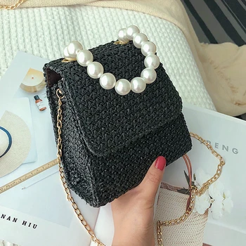 

2020 Women Casual Beading Chains Flap Straw Bag Ladies Solid Hasp Shoulder Crossbody Handbags Girls Soft Versatile Knitting Bags