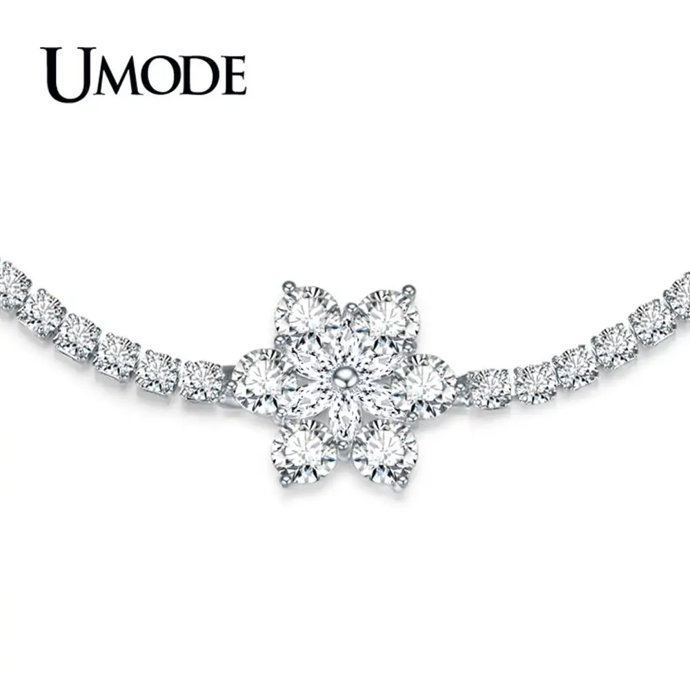 

UMODE 2019 New Fashion Big Zircon Snow Flower Adjustable Bracelets for Women White Gold Paved Round CZ Box Chain Jewelry AUB0215