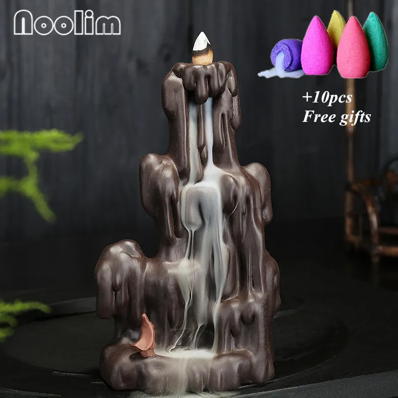 Purple Clay High Mountain Backflow Incense Burner Home Decor Creative Zen Large Waterfall Censer Incense Holder+ 10pcs Cones - Цвет: With 10pcs mixed