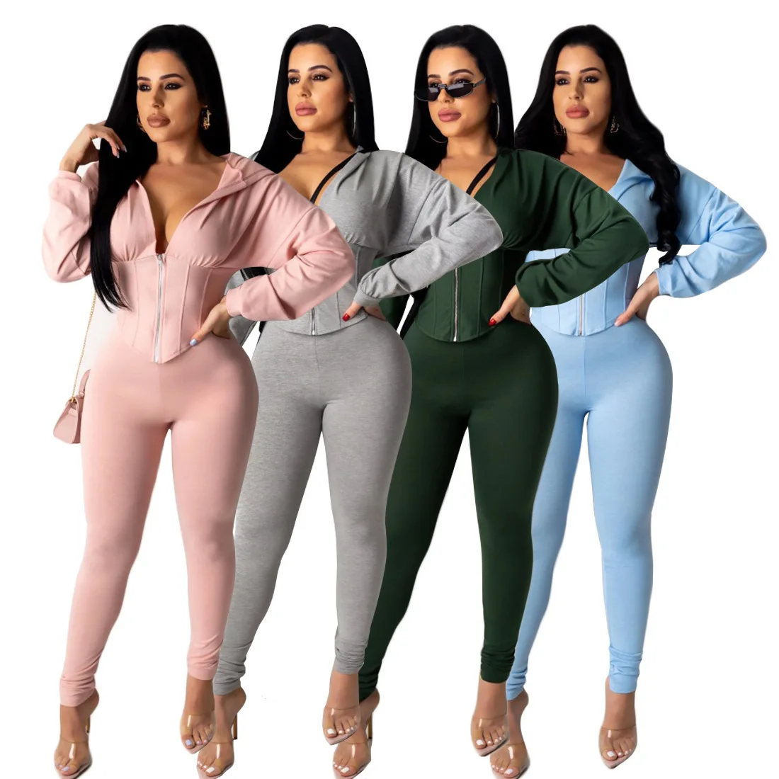 

2020 New Autumn 2 Piece Sets Long Sleeved Zipper Hooded Cardigan Trousers Two Piece Set Women Clothes Green Blue Gray Pink