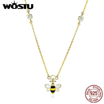

WOSTU 2019 Summer Bee Necklaces 925 Sterling Silver Gold Color Animal Pendant Long Chain For Women Wife Gifts 925 Jewelry CTN050