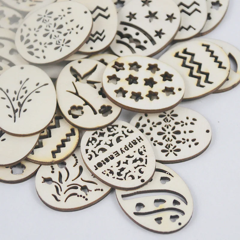 25pcs Easter Wooden eggs Wood hanging pendant decor Easter day DIY party supplies Hanging tags for Happy easter wall ornament