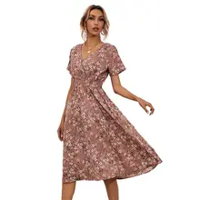 Robe mi longue en mousseline de soie, Vintage, imprimé Floral, pour femmes, décontractée, col en v, manches courtes, ligne a, été, 2021 