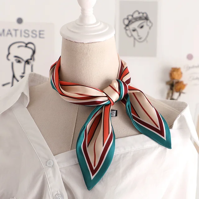 Sweet Love Print Women Small Silk Scarf Handle Bag Ribbons Female Head Scarves Sharp angle Green 90*10cm 52