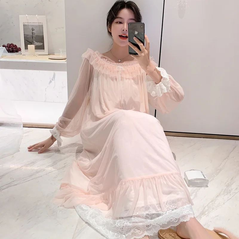Sleepshirts Fashion Nightgown Ladies Lingerie Womens Sexy Sleepwear Long Sleeve Nightdress Nightwear Lace Palace style dress