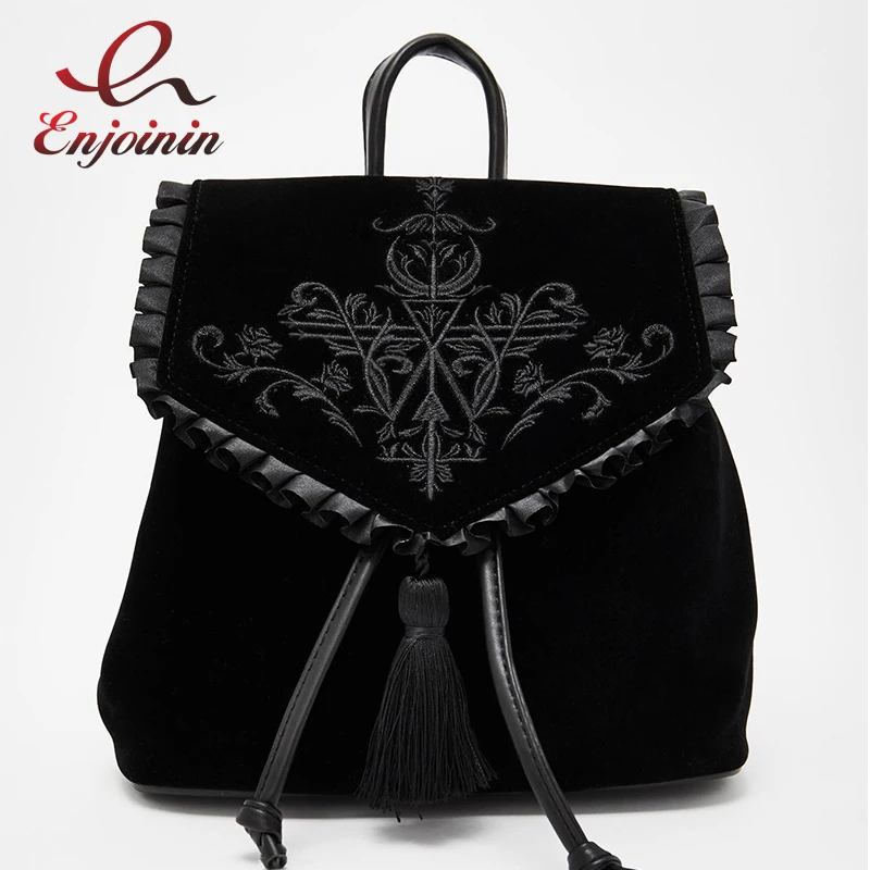 Ladies Backpack Embroidery Velvet Rock-Style Black Dark Magic Gothic Shoulder-Bag Travel-Bag