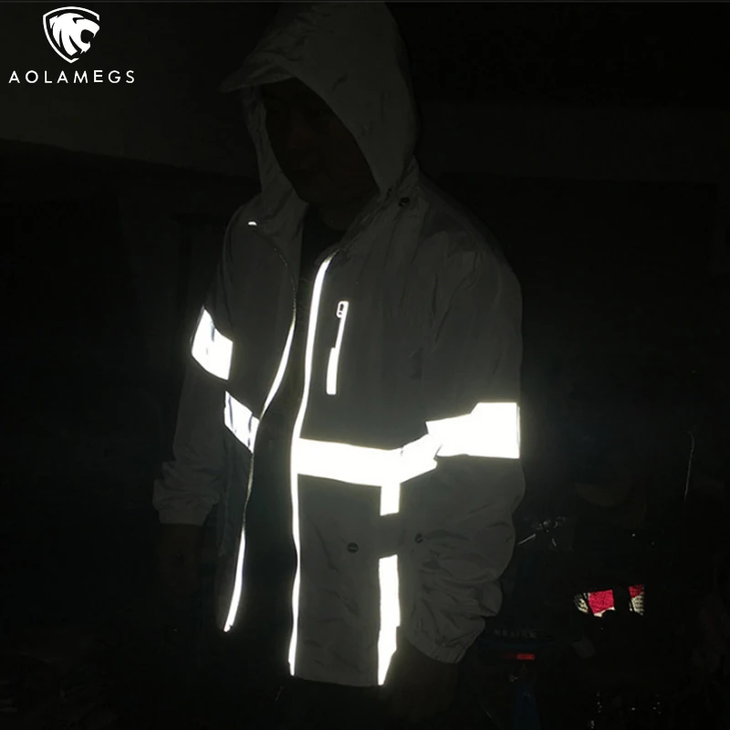 

Aolamegs Reflective Jacket Men's Patchwork Clothing Women Outdoor Hooded Outwear Hip Hop Windbreaker Running Riding Streetwear
