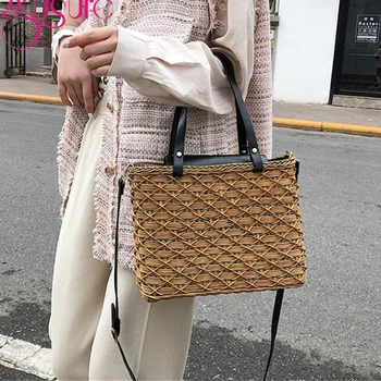 

Gusure Weave Rattan Messenger Bags for Women Trendy Wild Shoulder Bag Holiday Lady Square Handbag Handmade Straw Bag Travel Tote