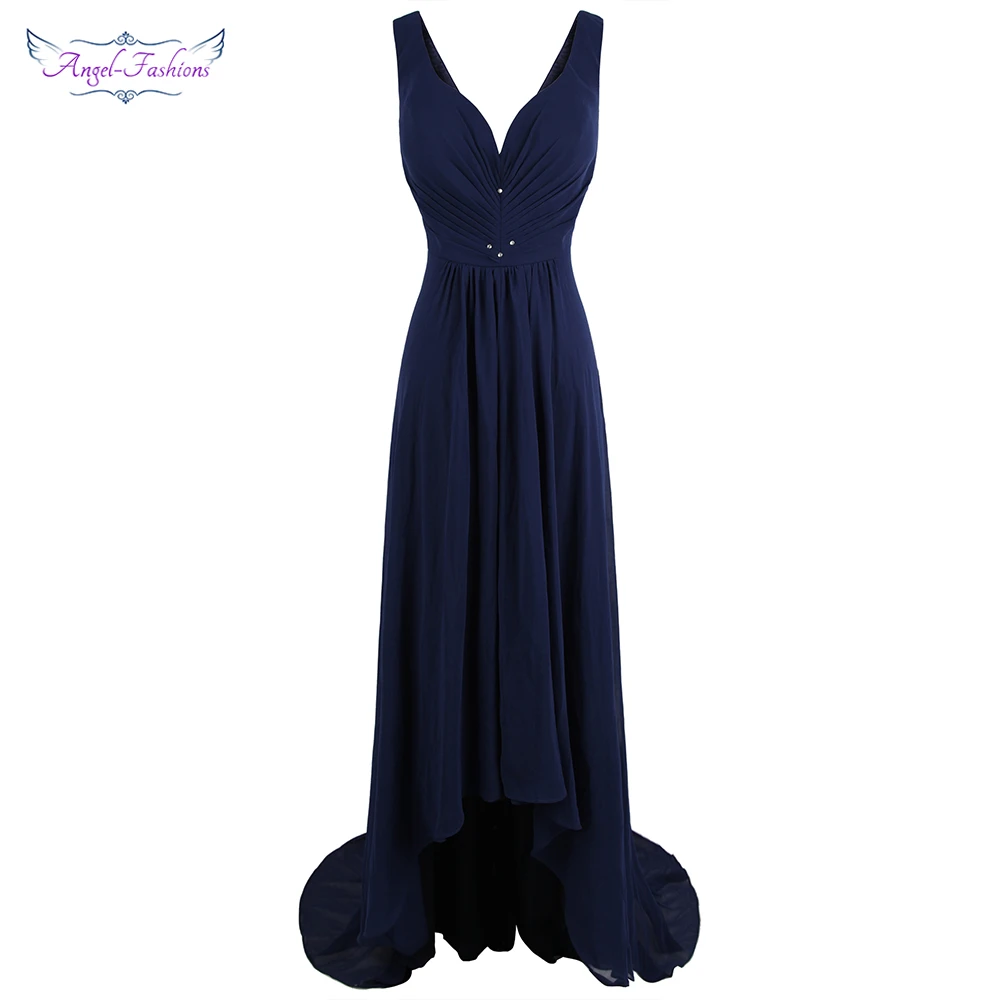 

Angel-fashions Women's V Neck Pleated Beading Chiffon Court Train Maxi Prom Dress Peplum Navy W-190801-XL