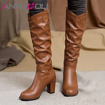 

ANNYMOLI Knee High Boots Woman High Heel Western Boots Pleated Block Heel Long Boots Buckle Female Shoes Autumn Winter Black 46