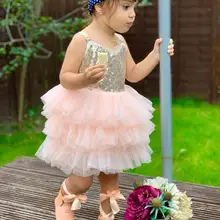 Модное платье принцессы с юбкой-пачкой для девочек; блестящее детское летнее многослойное платье на бретельках; одежда для дня рождения; костюм для свадебной вечеринки