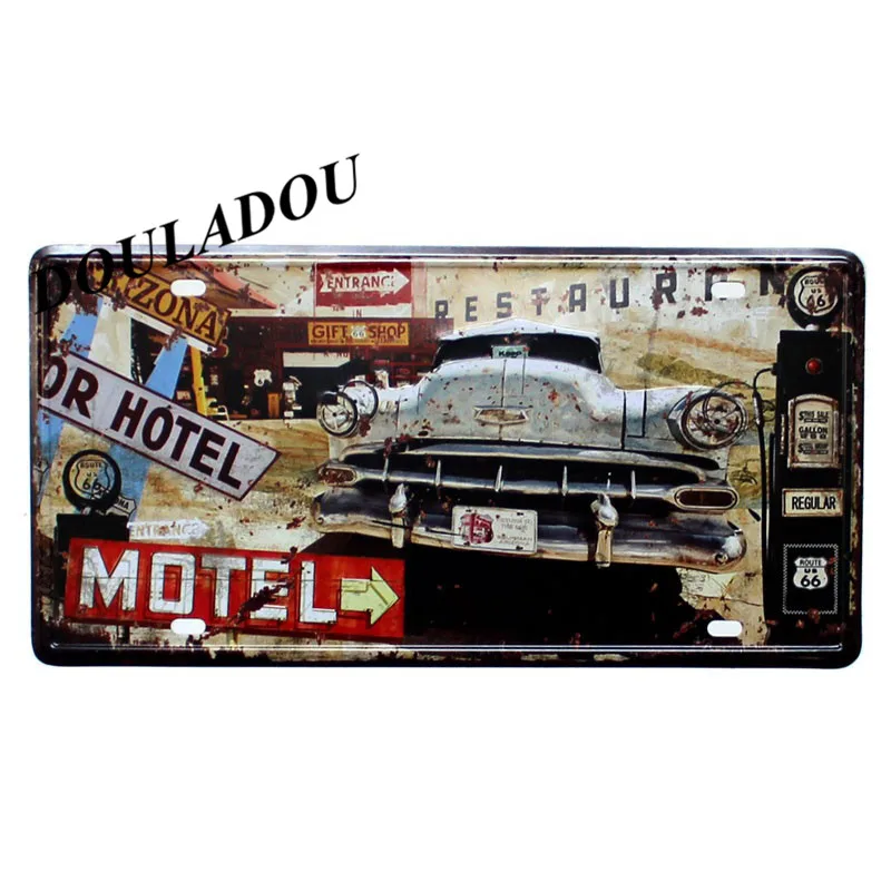 [Douladou] винтажная металлическая жестяная вывеска, старинный US Route 66, Ретро плакат в стиле мотоцикла, Лас-Вегаса,, Классическая живопись, 30x15 см