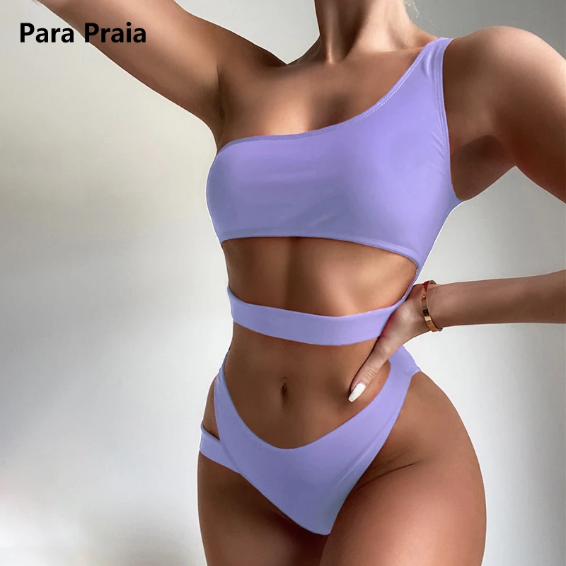 

Para Praia 2023 Women Cut Out Bathing Suit Solid One Piece Swimwear Bandeau Monokini One Shoulder Swimsuit Female Swim Wear