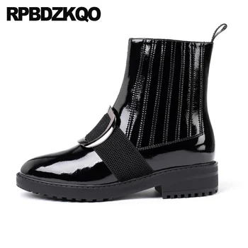 

European Genuine Leather 10 Big Size Women Ankle Boots Medium Heel Black Luxury Patent Round Toe Chunky Metal Shoes 2019 Plus