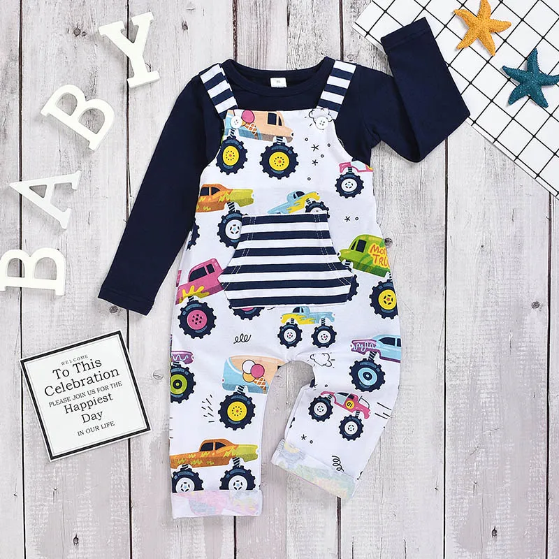 

New Autumn Fashion Baby Girl Boy Clothes 0-3T Top And Cartoon Printing Suspender Trousers Toddler Kids 2pcs Outfit Set #23