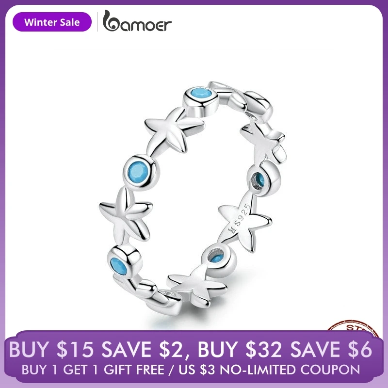 

11.11 Sales Starfish Stackable Finger Rings Solid Sterling Silver 925 Ocean Blue Ring for Women Fine Jewelry Gifts SCR527
