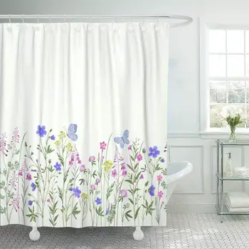 

Fabric Decorative Shower Curtain Curtains Set with Hooks Floral with Butterfly Floral Herbs and Wild Flowers Botanical Boho