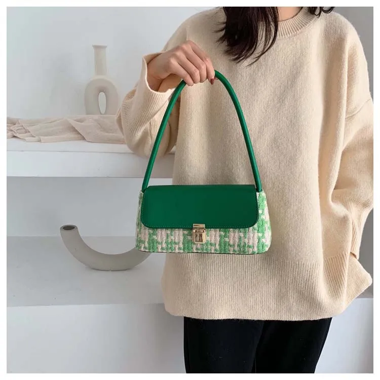 Winter Wool Plaid Small Shoulder Bag for Women Modern Handbags Mini Baguette Bags PU leather Lock Tote Black White Red Green Bag (10)