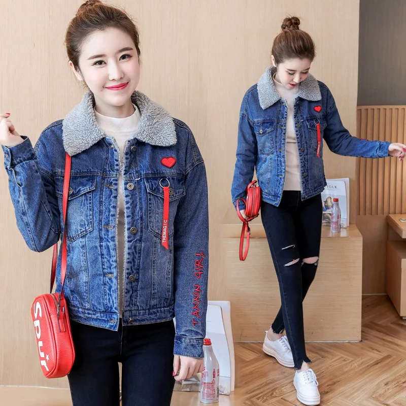 

Photo Shoot 2017 Winter New Style Korean-style Slim Fit Lettered Embroidered Lambs Wool Thick Cowboy Cotton Overcoat Women's