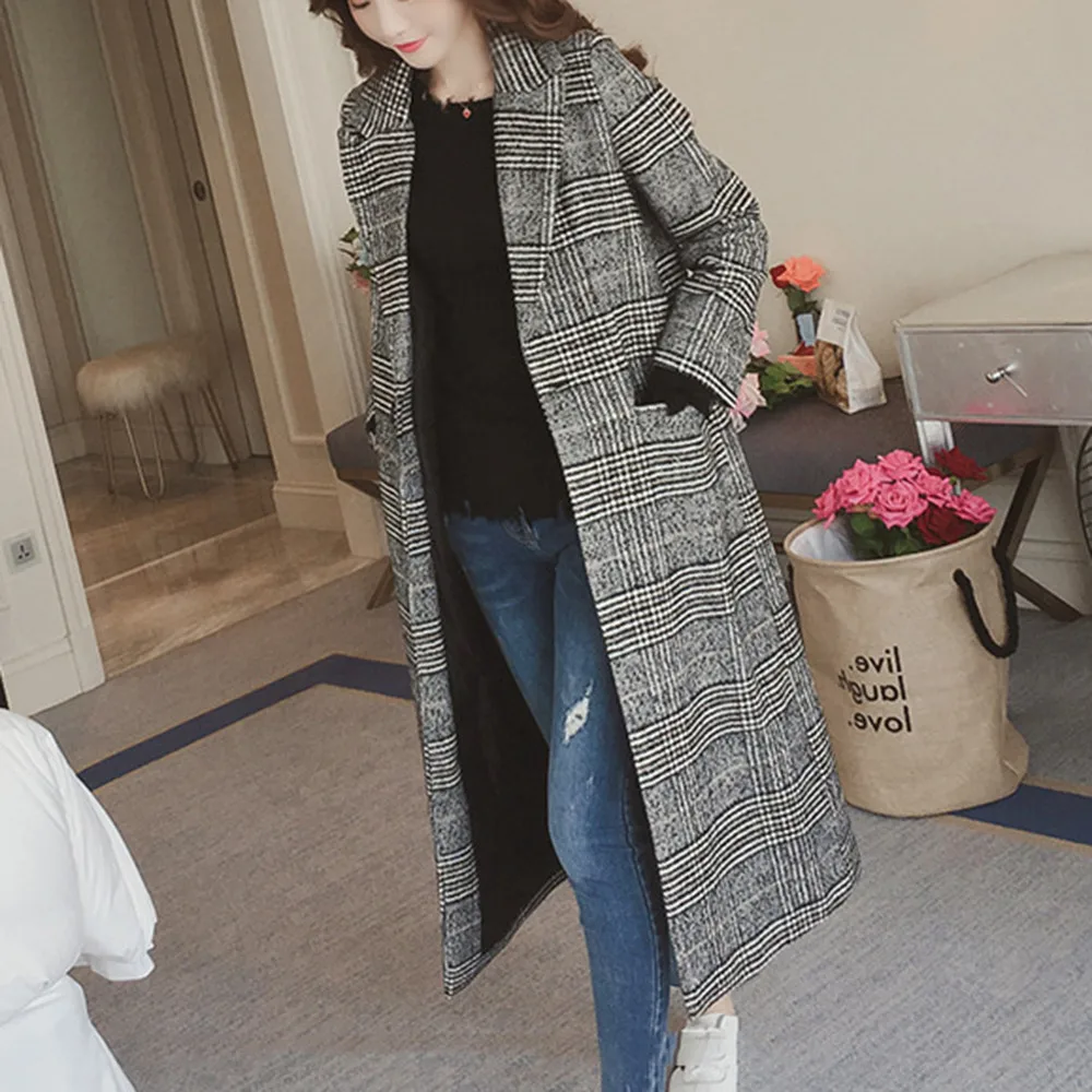 Женское длинное шерстяное пальто с отворотом, плотное свободное одноцветное пальто с длинным рукавом, зимнее шерстяное пальто большого размера, женская новая верхняя одежда