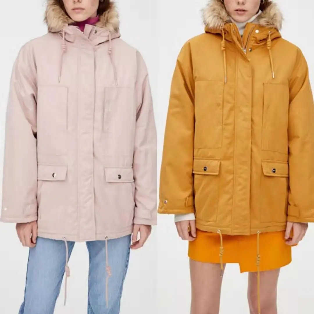 

European Sheet Two-color Women's Winter Fur Trim Hooded Decoration Loose-Fit Casual Long Sleeve Thick Pike Cotton Coat Coat