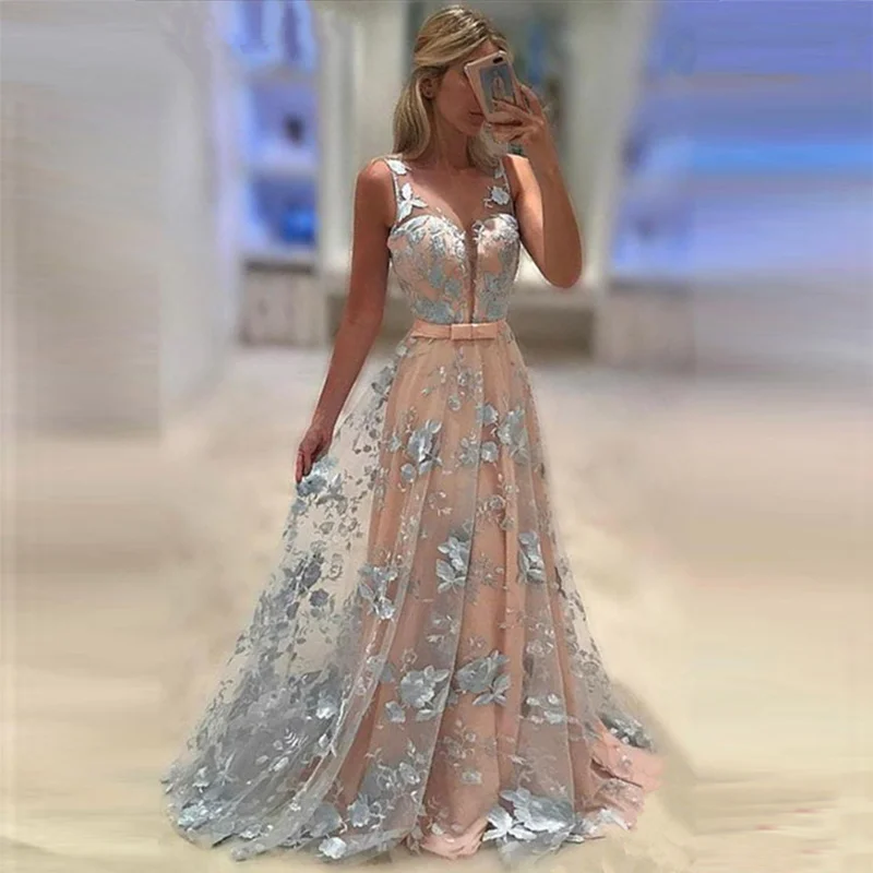 

U-SWEAR Summer Long Dress Gown V Neck Tulle Long Evening Party Dress Hollow Out Sexy Open Back Elegant Formal Dresses Vestidos