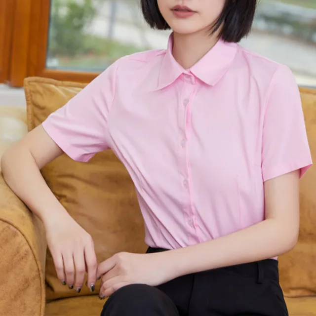 Fashion Woman Blouses 2022 V-neck Short Sleeve Solid Work Shirts Tops Pretty and Cheap Women's Blouse OL White Female clothing Pink