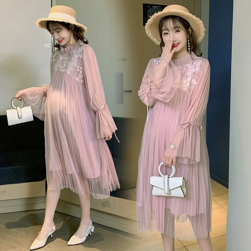 

Summer tian chao Hot Mom Cool 2020 Early Spring New Style High-waisted Fairy Skirt Pleated Skirt Long Sleeve Maternity Dress