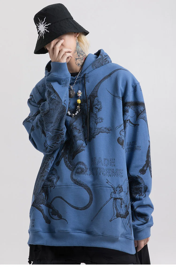 Уличная Мужская толстовка в стиле хип-хоп, толстовка с капюшоном, Древние животные, дьявол, Harajuku, пуловер, синяя свободная одежда, хлопок, осень