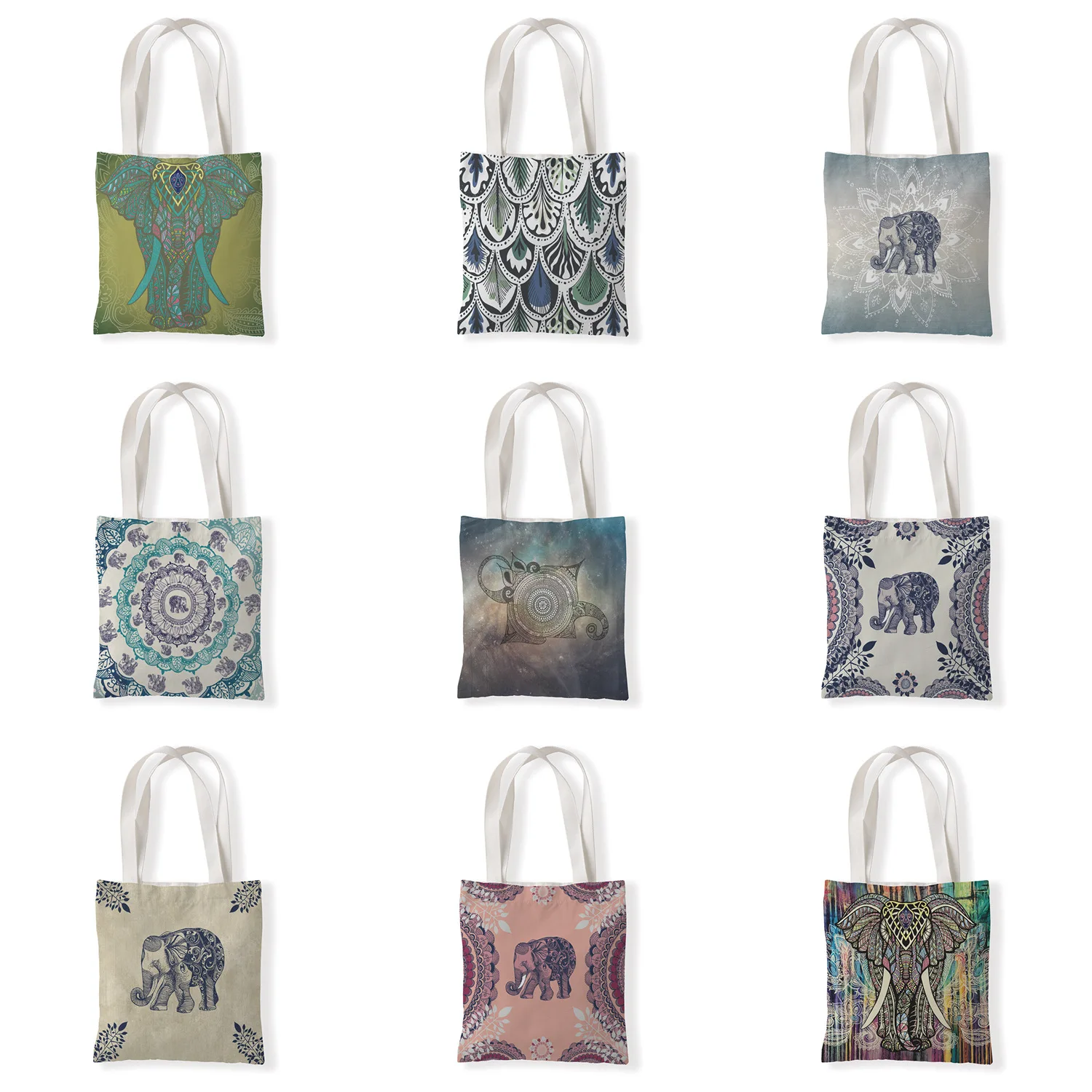 

Mandala Canvas Tote Bag Retro Art Elephant Travel Bag Women Leisure Eco Shopping High Quality Foldable Handbag