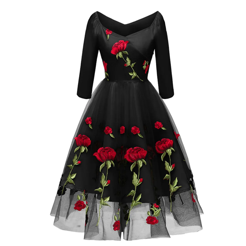 

Sexy Mesh V Neck Rose Floral Embroidery Low Cut Dress Women Elegant Rockabilly Swing Pinup A Line Vintage Party Dress Vestidos