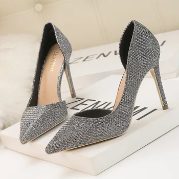 

QSR 10CM PUMPS high-heeled bright face shallow mouth pointed side hollow sexy nightclub single shoes women's high heels