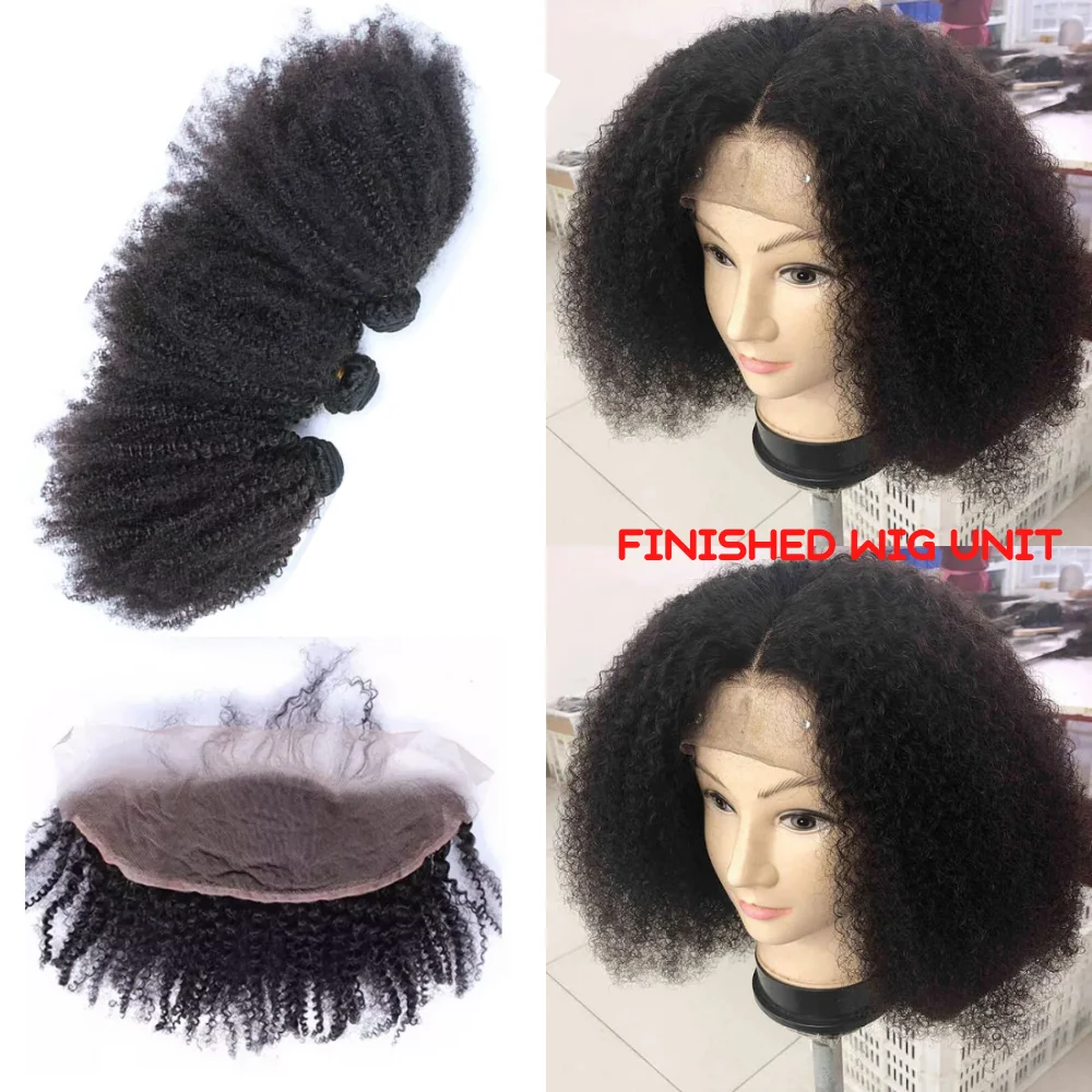 Mongolian Virgin Hair Afro Kinky Curly Weave Human Hair Bundles With Lace Frontal Closure Afro Natural Bundles With 13X4 Frontal