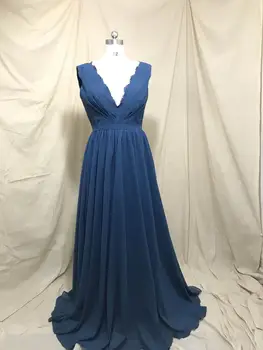 

Sexy Women's A-Line Long Lace Pleated Bridesmaid Dresses with Pockets Chiffon V-Neck Custom Made Formal Wedding Party Dresses