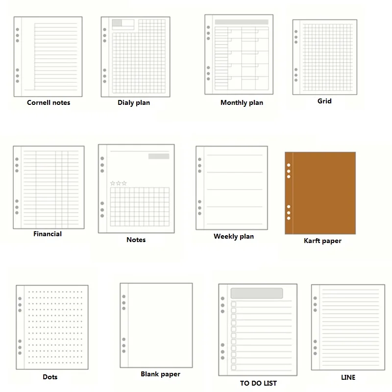 A5/A6/A7 Paper Refill Agenda Planners Diary Monthly Weekly 45 Binder Sheets Six Hole envelope zip pouch Office School Stationery