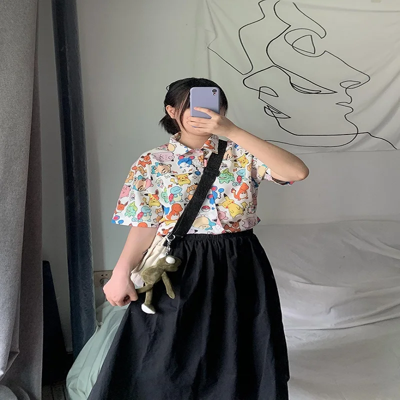 Harajuku BF Стильная дизайнерская женская летняя блузка белая мультяшная печать отложной воротник короткий рукав женская рубашка Топ