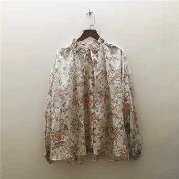 

Women's Flower Print Blouse and Shirt Long Sleeve Ruffle Tie Bow Neck Loose Cute Sweet Blusa Top Autumn Winter
