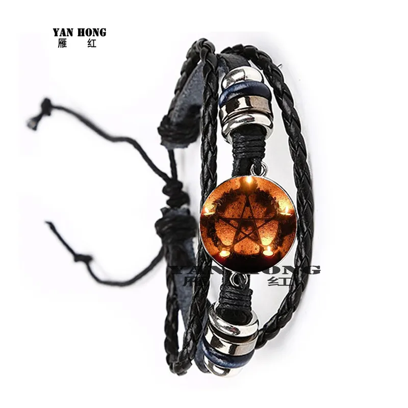 

Five pointed star Earth Goddess Kore Leather Bracelet men and women wear popular accessories, leather 20mm glass round Bracelet