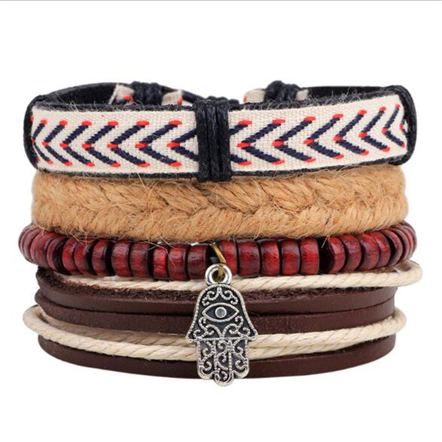 Stone Men Bracelet Multi-layer Handmade Weaved Punk Leather Rope Chain Stainless Steel Bangle Male Jewelry Gifts